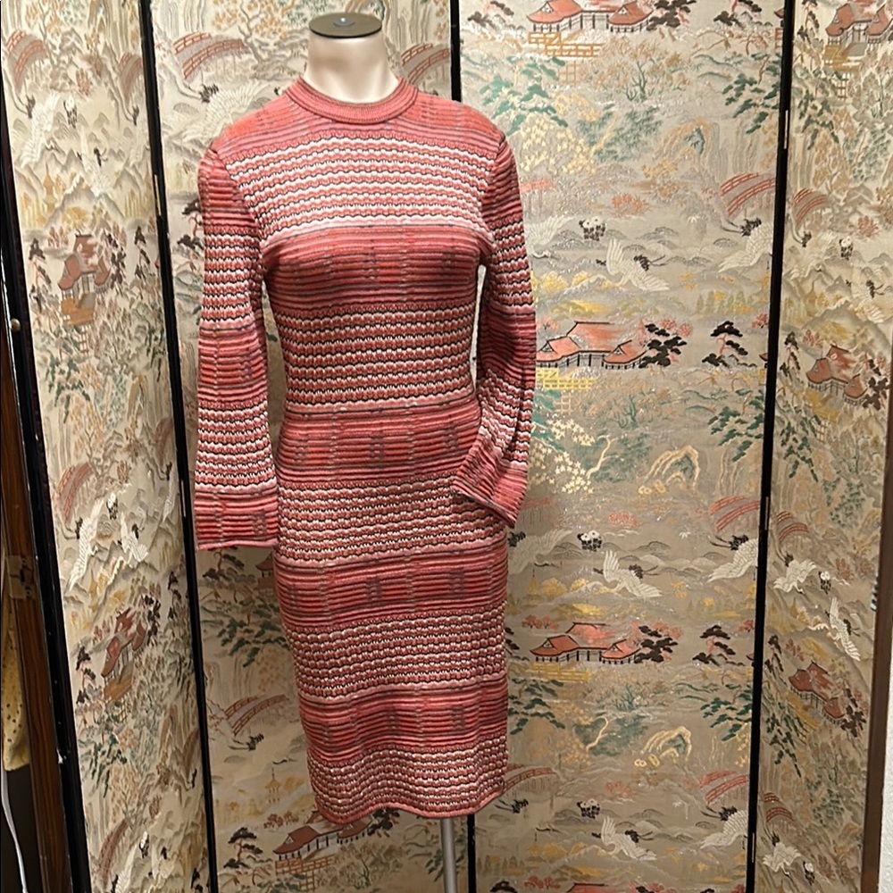 FREE PEOPLE RETRO LONG SLEEVED SIMI SHEER RED/BROWN STRIPPED SWEATER DRESS SZ M